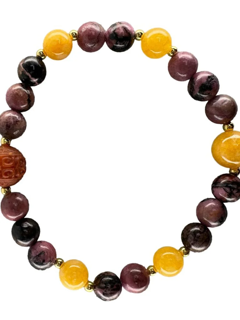 Carved Red Agate Rhodonite Yellow Jade Stretch Bracelet 18K Gold Filled 22.4g 7